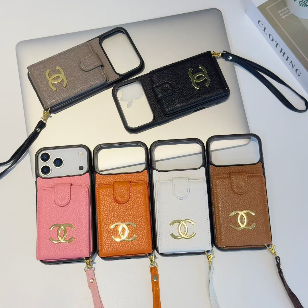 Luxury Leather iPhone Case With Wallet Card And Hand Strap