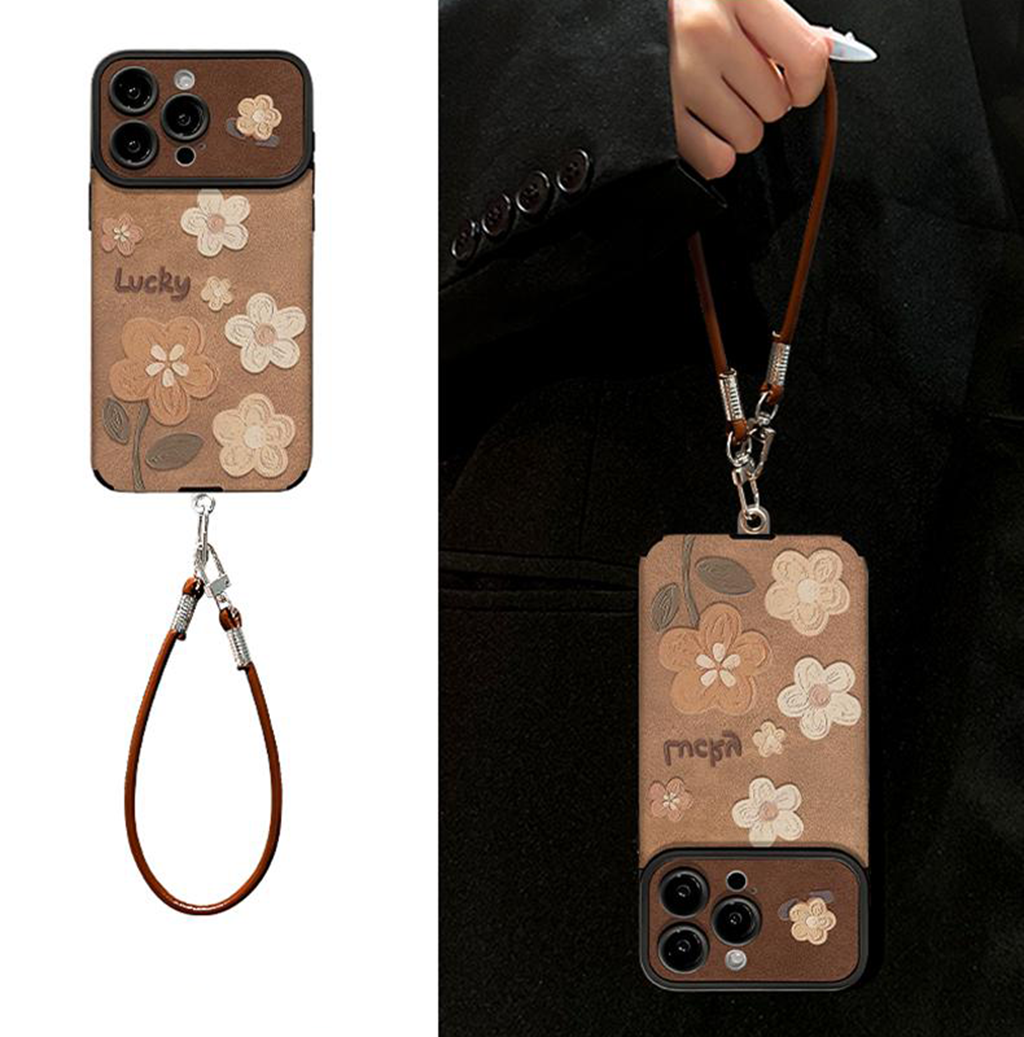 Floral Leather Phone Case with Detachable Wrist Strap – Slim Luxury Protective Cover
